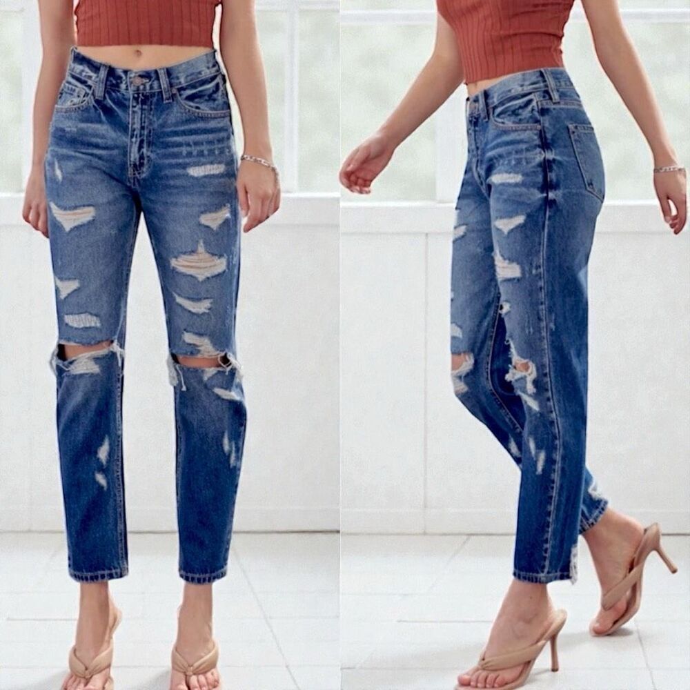 Kancan Ultra High Rise Dark Wash Cropped Distressed Mom Fit Jeans 15/31 NWT - Picture 6 of 16